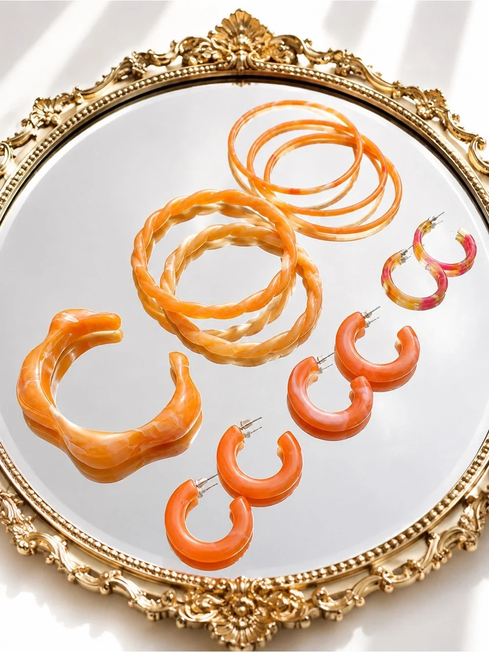 Summer Orange Resin Bracelet Set — Layered Braided & Marbled Bangles